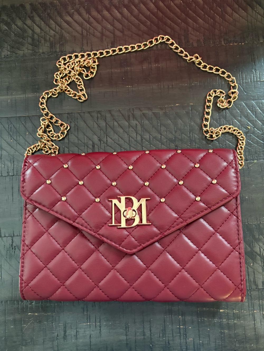 Badgley Mischka Quikted Maroon Chain Shoulder Bag with Gold Hardware